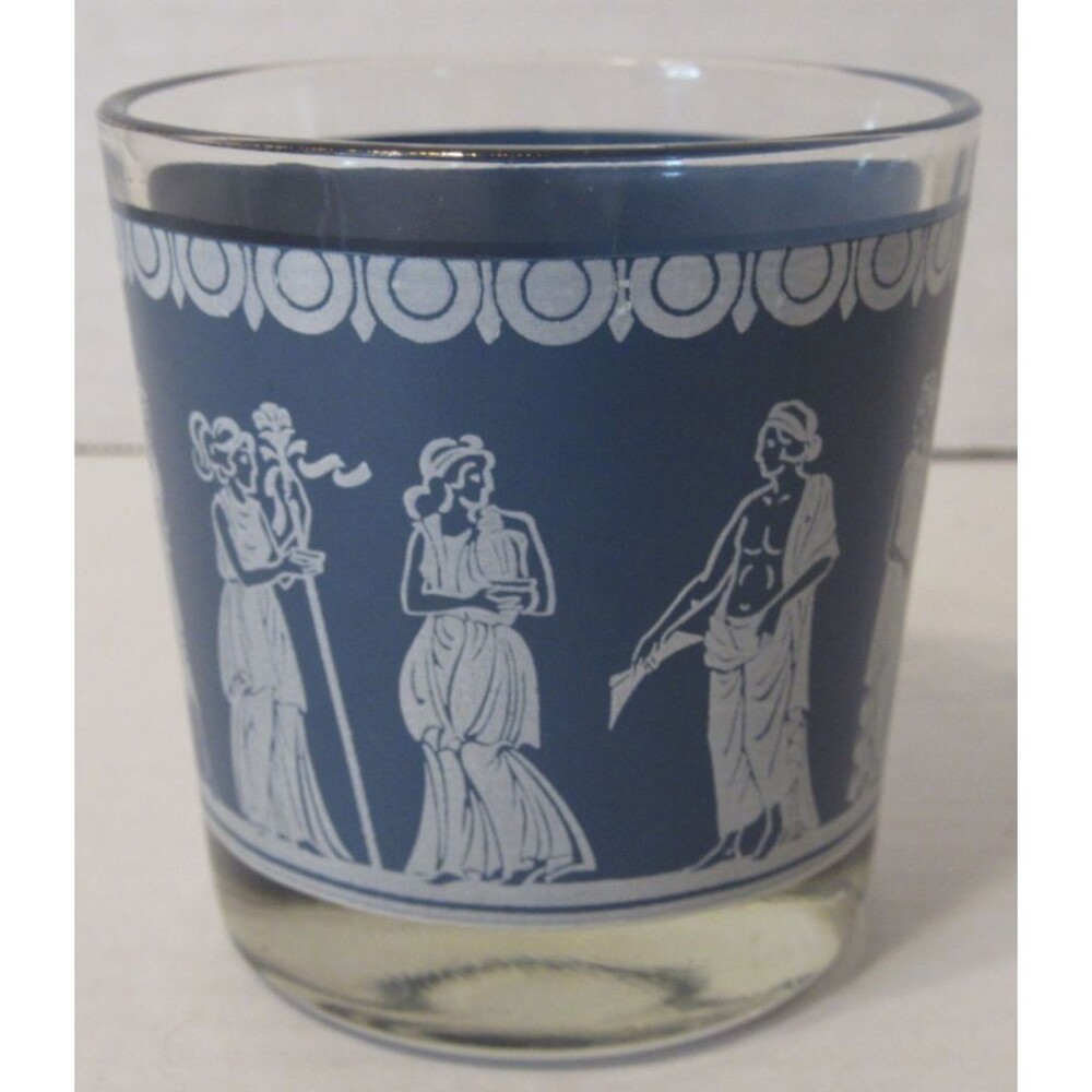Vintage Mid Century Hellenic Style Blue and White Neoclassical Tumbler Glass 50s